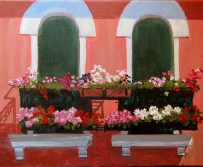 Flowerboxes Burano 16 x 20 oil $700
